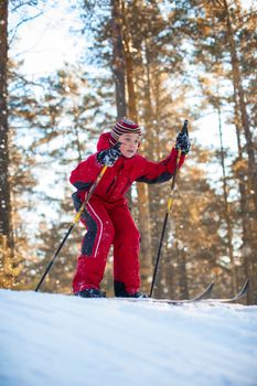 boy in red clothes is skiing in a pine forest