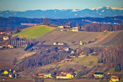 Countryside landscape of Styria region with mountain under snow 