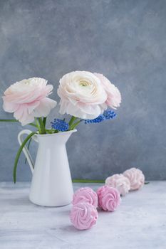 Pink Ranunculus and blue muscari and zephyr on grey background. Spring posctacrd concept.