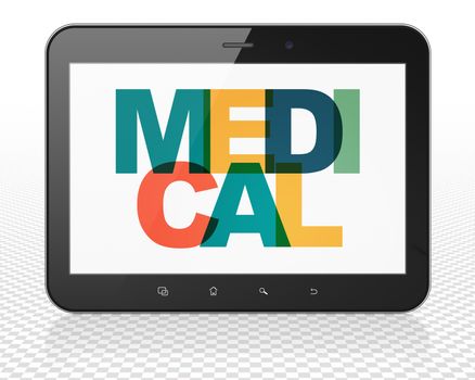 Medicine concept: Tablet Pc Computer with Painted multicolor text Medical on display, 3D rendering