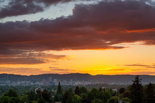 Colorful Sunset over Portland Oregon Downtown Skyline