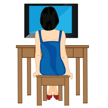 Girl sits on chair and looks television set