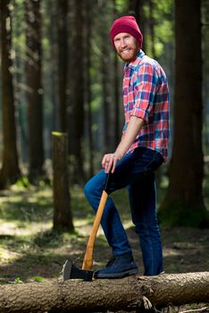 happy forester with an ax near a fallen tree posing