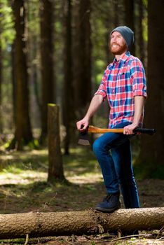 a happy forester with an ax near the dumped tree in the forest s