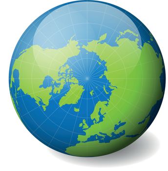 Earth globe with green world map and blue seas and oceans focused on Arctica with North Pole. With thin white meridians and parallels. 3D glossy sphere vector illustration