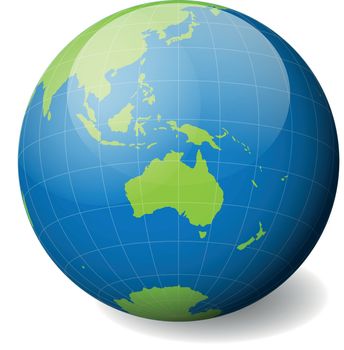 Earth globe with green world map and blue seas and oceans focused on Australia. With thin white meridians and parallels. 3D glossy sphere vector illustration