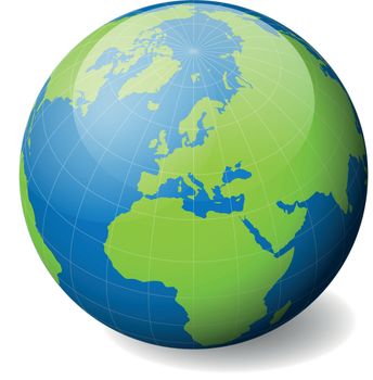 Earth globe with green world map and blue seas and oceans focused on Europe. With thin white meridians and parallels. 3D glossy sphere vector illustration