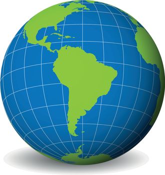 Earth globe with green world map and blue seas and oceans focused on South America. With thin white meridians and parallels. 3D vector illustration