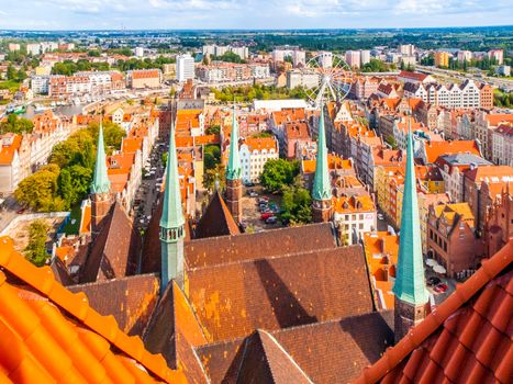 Aerial view of red houses rooftops in Gdansk, Poland