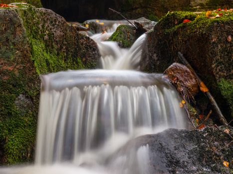 Autumnal mood in the forest with small creek waterfalls