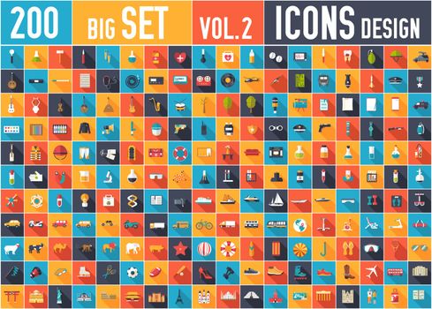 Vol. 2 Flat big collection set icons of medical, army, war, shoe, nature, news, draw, police, rafting, room, science, boat, sport, gym, car, animal, summer, tool, country. For infographic design
