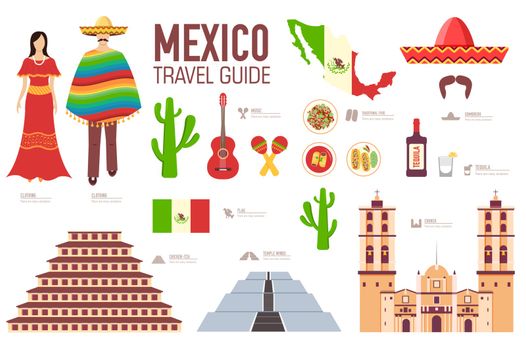 Country Mexico travel vacation guide of goods, places and features. Set of architecture, food, fashion, items, nature background concept. Infographics template design for web and mobile. On flat style
