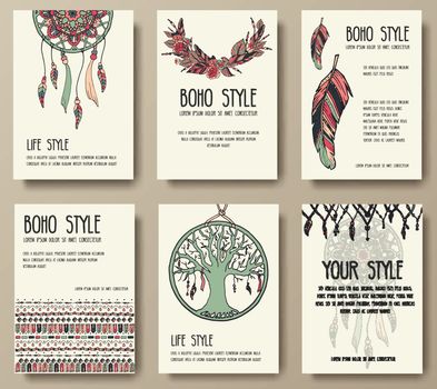 Set of boho ornament illustration style concept. Art traditional, poster, book, poster, abstract, ottoman motifs, element. Vector decorative ethnic greeting card or invitation  design