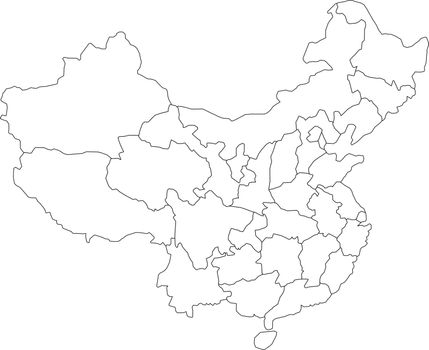 Regional map of administrative provinces of China. Thin black outline on white background. Vector illustration