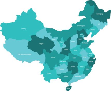 Regional map of administrative provinces of China. Four shades of turquoise blue with white labels on white background. Vector illustration