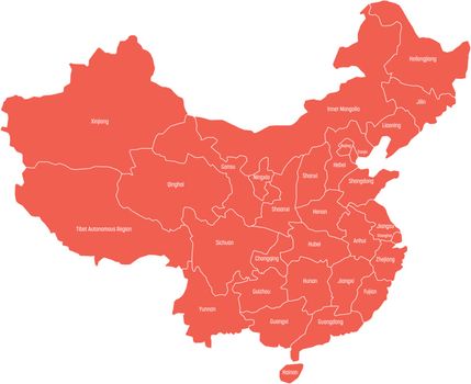 Regional map of administrative provinces of China. Red map with white labels on white background. Vector illustration