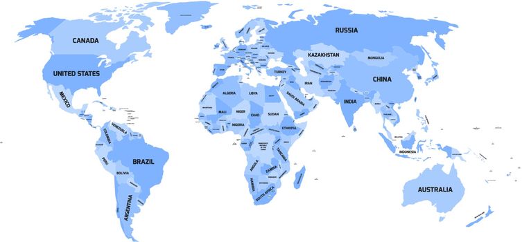 World map with names of sovereign countries and larger dependent territories