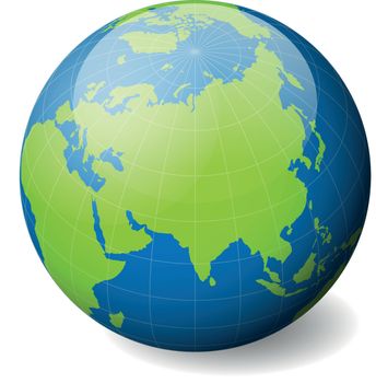 Earth globe with green world map and blue seas and oceans focused on Asia. With thin white meridians and parallels. 3D glossy sphere vector illustration