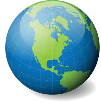 Earth globe with green world map and blue seas and oceans focused on North America. With thin white meridians and parallels. 3D glossy sphere vector illustration