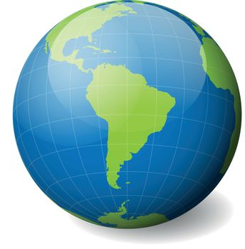 Earth globe with green world map and blue seas and oceans focused on South America. With thin white meridians and parallels. 3D glossy sphere vector illustration
