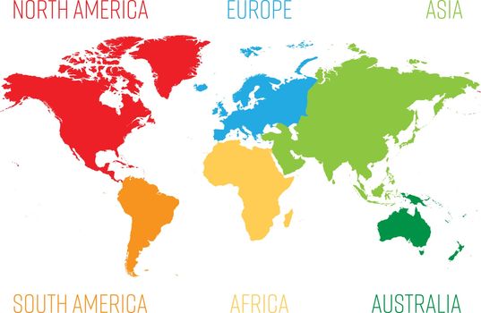World map divided into six continents. Each continent in different color. Simple flat vector illustration
