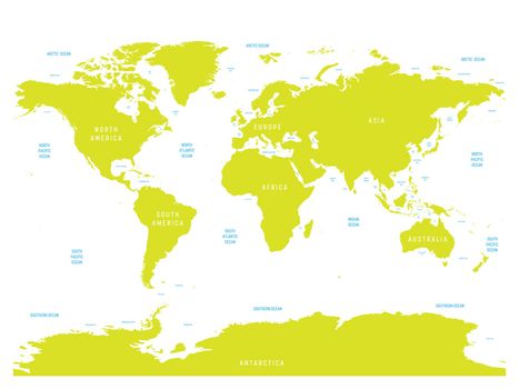 Oceanographical map of World with labels of oceans, seas, gulfs, bays and straits. Vector map with green lands and white water