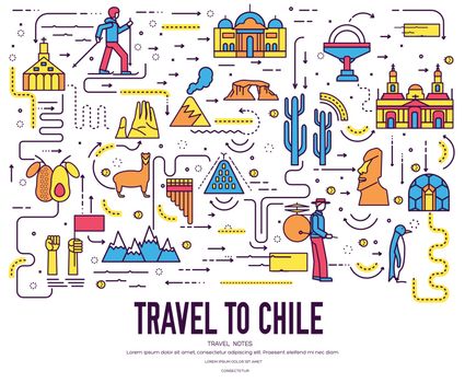 Country Chili travel vacation infographic of place and feature. Set of architecture, fashion, people, item, nature background concept. Infographic traditional ethnic flat, outline, thin line icon
