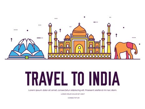 Country India travel vacation of place and feature. Set of architecture, item, nature background concept. Infographic traditional ethnic flat, outline, thin line icon