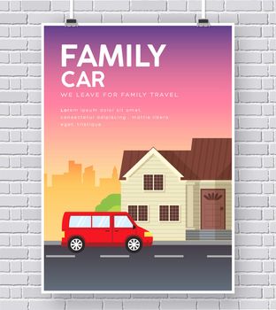 Family car with house home illustration concept on brick wall background
