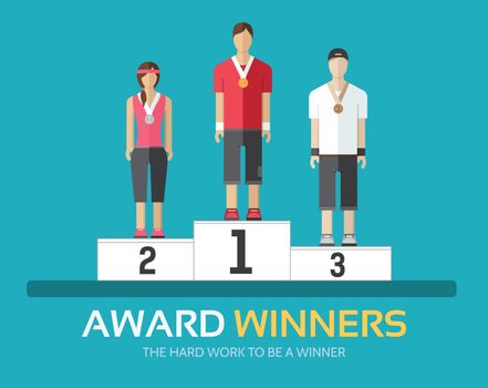 Award winners in flat design background concept. Rewarding athletes on the podium. Icons for your product or illustration, web and mobile applications