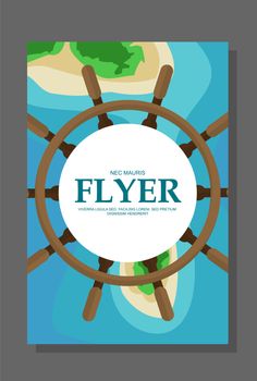 Flyer in flat style with a map of the island to travel and vacation on yacht.