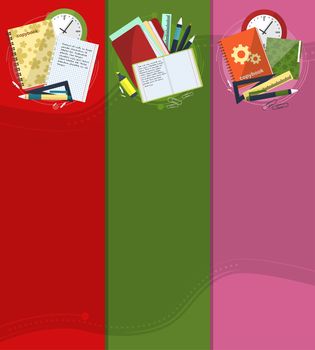 Bright banners back to school with folders, books and notebooks with place for your text.