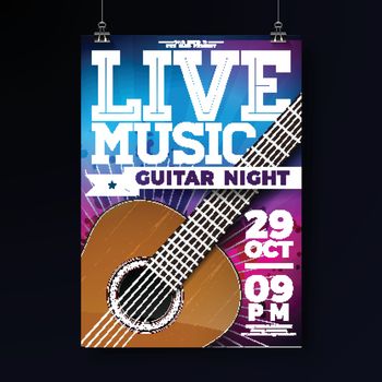 Live music flyer design with acoustic guitar on grunge background. Vector illustration template for invitation poster, promotional banner, brochure, or greeting card.