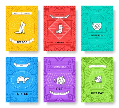 Cute home pets thin line brochure cards set. Animal template of flyear, magazines, posters, book cover, banners. Wildlife outline invitation concept background. Layout quality modern pages