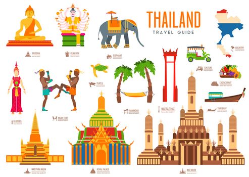 Country thailand travel vacation guide of goods, places and features. Set of architecture, fashion, people, items, nature background concept. Infographic traditional ethnic flat icon 