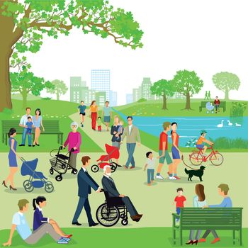 Leisure time of families in the park, illustration