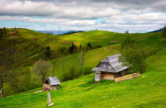 woodshed on a grassy hillside on a cloudy day