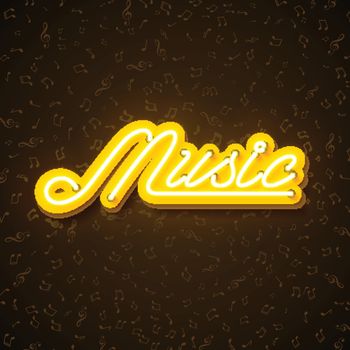 Music illustration with neon sign. Shiny signboard letter on note texture background. Design template for decoration, cover, flyer or promotional party poster.