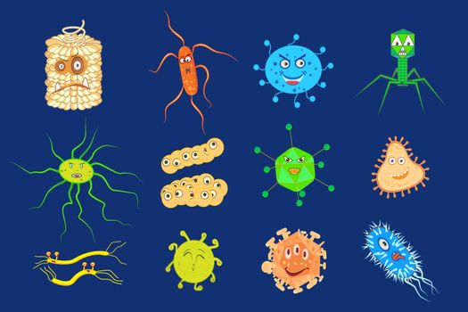Good bacteria and bad bacteria cartoon characters isolated on white. Set of funny bacterias germs in flat cartoon style. Good and bad microbes. Enteric bacteria, gut and intestinal flora