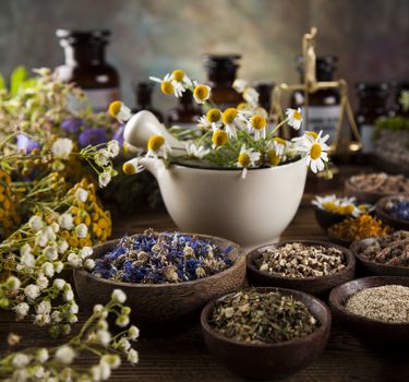 Medicine bottles and herbs background