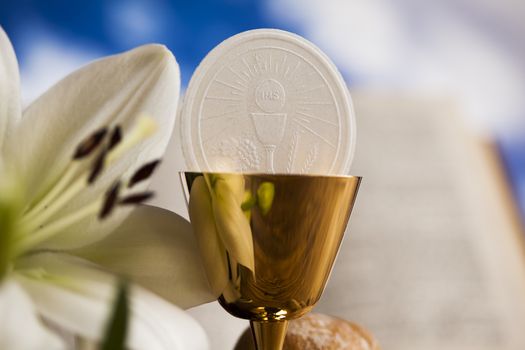 Eucharist symbol of bread and wine, chalice and host, First comm