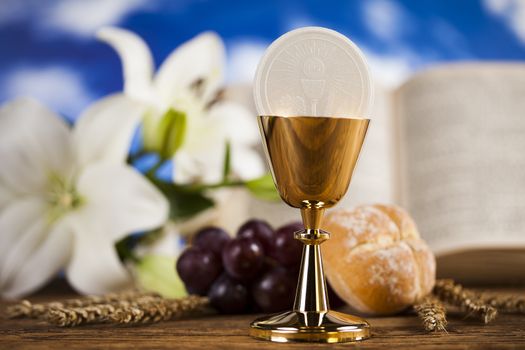 Symbol christianity religion a golden chalice with grapes and br