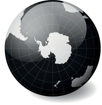 Earth globe with white world map and black seas and oceans focused on Antarctica and South Pole. With thin white meridians and parallels. 3D glossy sphere vector illustration