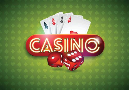 Vector illustration on a casino theme with shiny neon light letter and poker cards on green background. Gambling design for greeting card, poster, invitation or promo banner