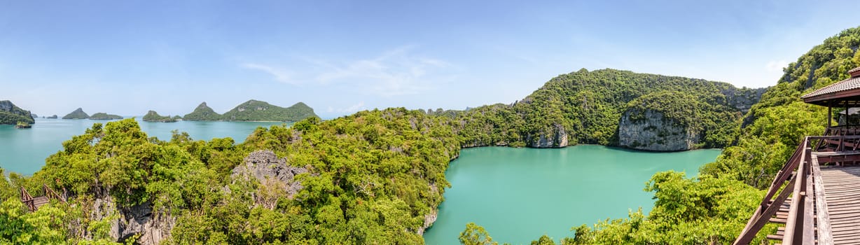 Thale Nai or Blue Lagoon (Emerald Lake) High angle view panorama beautiful nature landscape green sea in the middle of mountain at Koh Mae Ko island in Mu Ko Ang Thong National Park, Surat Thani, Thailand