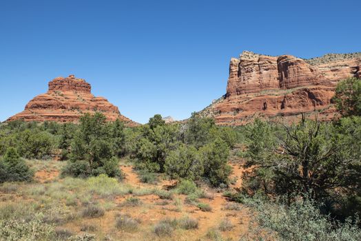 View of Bell Rock and Courthouse Butte from Red Rock Scenic Bywa