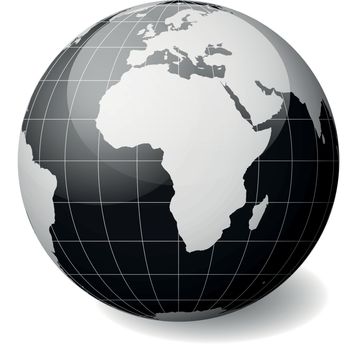 Black Earth globe focused on Africa. With thin white meridians and parallels. 3D glossy sphere vector illustration