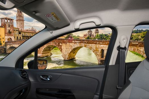 Car window view of Stone Bridge in Verona, Italy