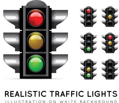 Realistic traffic light on a white background, in various color variations. Stoplight vector illustration