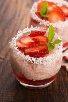 A serving of strawberry over tapioca and jelly